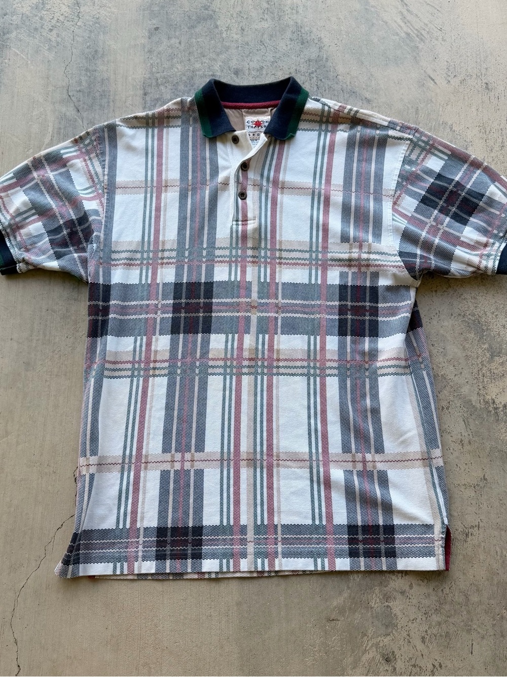 Vintage 80s cotton traders sport Plaid Short-Sleeve Polo in White, Gray & Brown